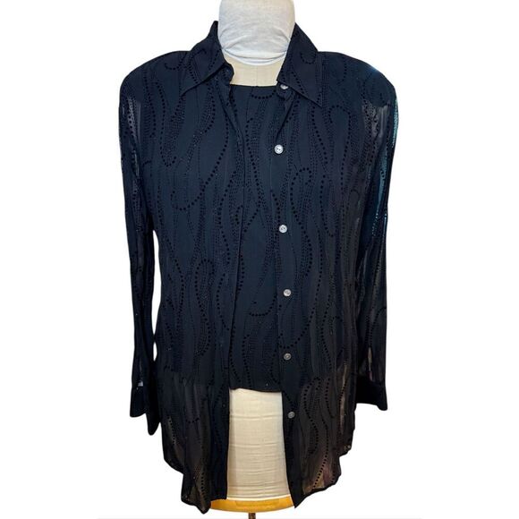 Due Per Due 2 Pcs Sheer Button Front Top Over Slvless Shell Sparkle 10 - Picture 1 of 16